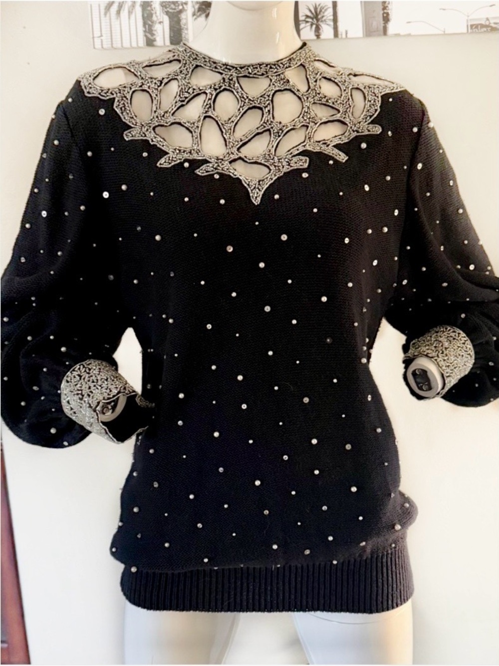 Vintage Bonnie Boerer Black Knit Embellished Sweater L